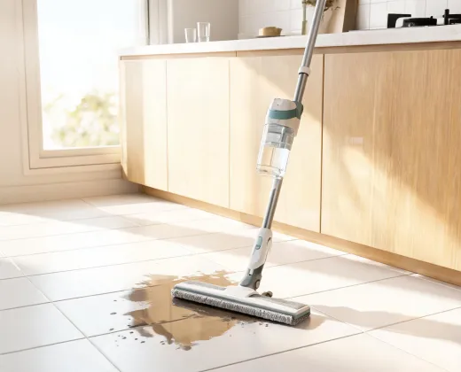 Spray mop beside kitchen counter