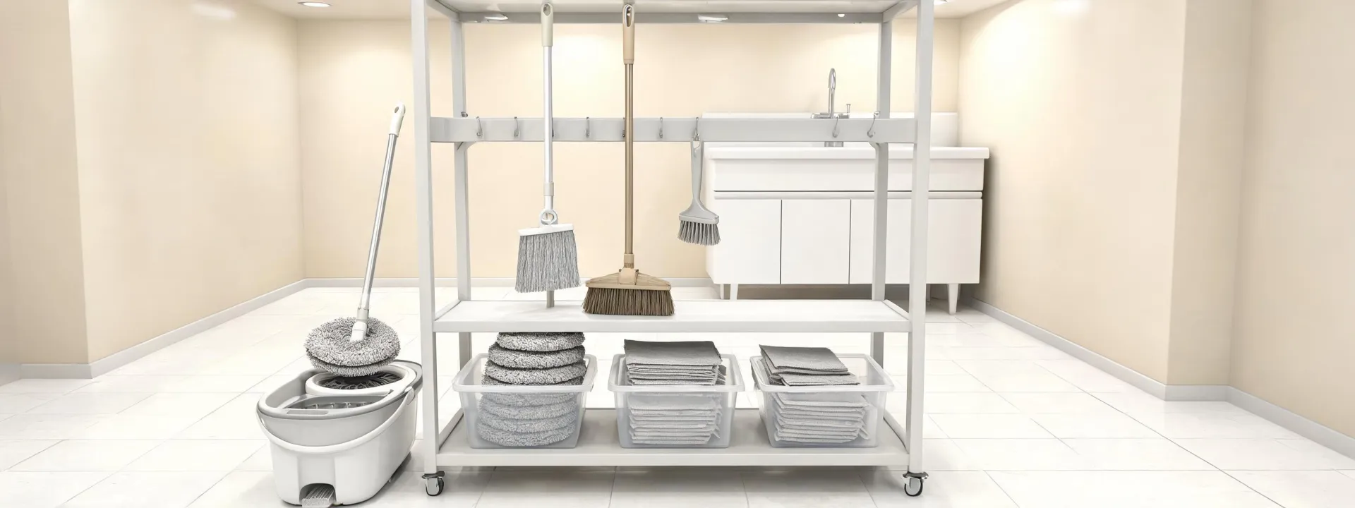 O-Cedar tools in a shared home cleaning station